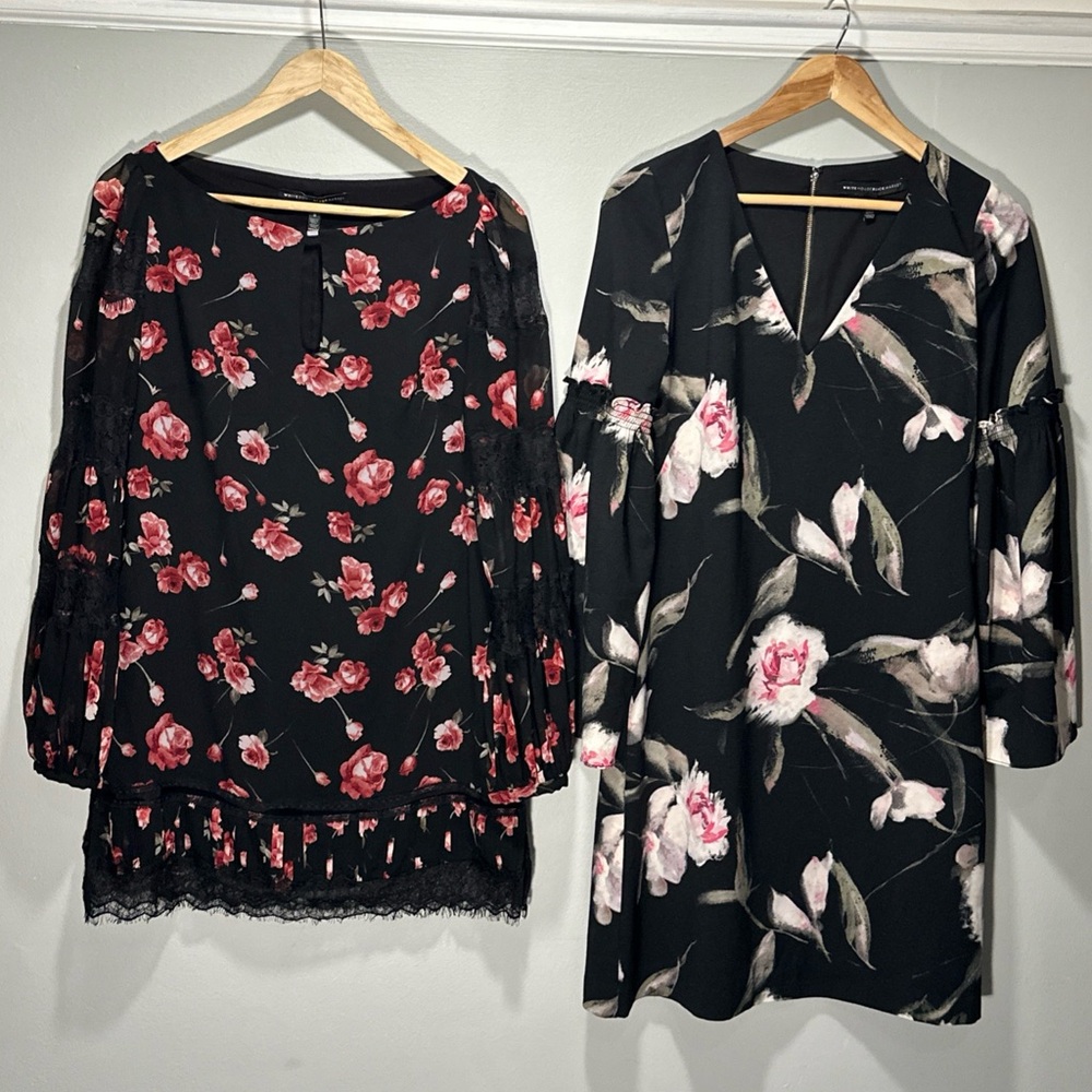 2 White House Black Market Black & Pink Floral Long Sleeve Dresses Size 0